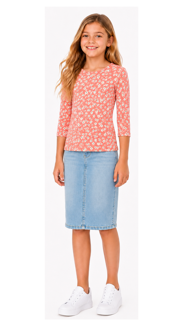 Girls Top - Rib Coral Ditsy Floral