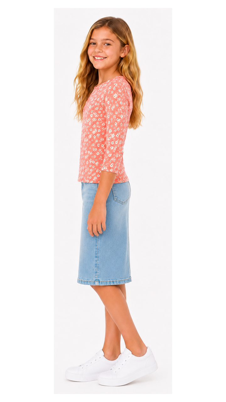 Girls Top - Rib Coral Ditsy Floral