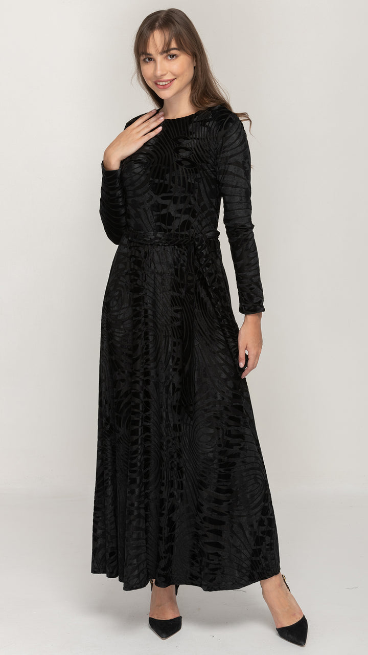 Maxi Belted Dress - Black Velvet Swirl