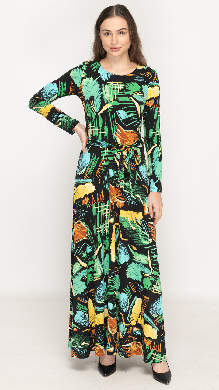 Maxi Belted Dress - Green Scribble