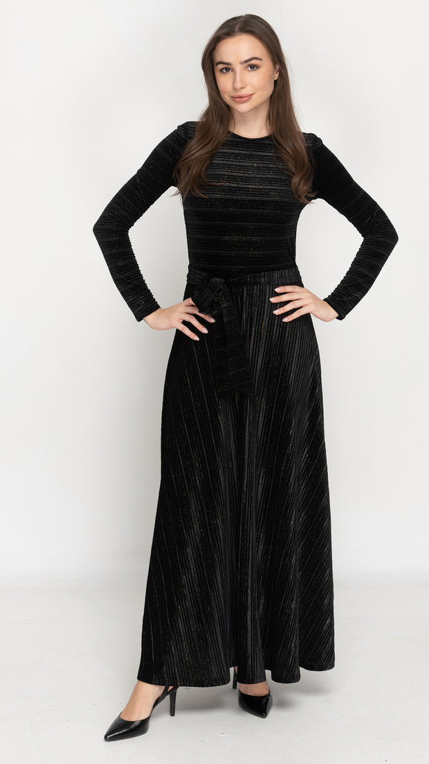 Maxi Belted Dress -  Black Velvet Stripes