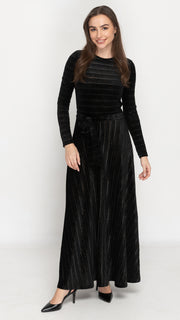 Maxi Belted Dress -  Black Velvet Stripes