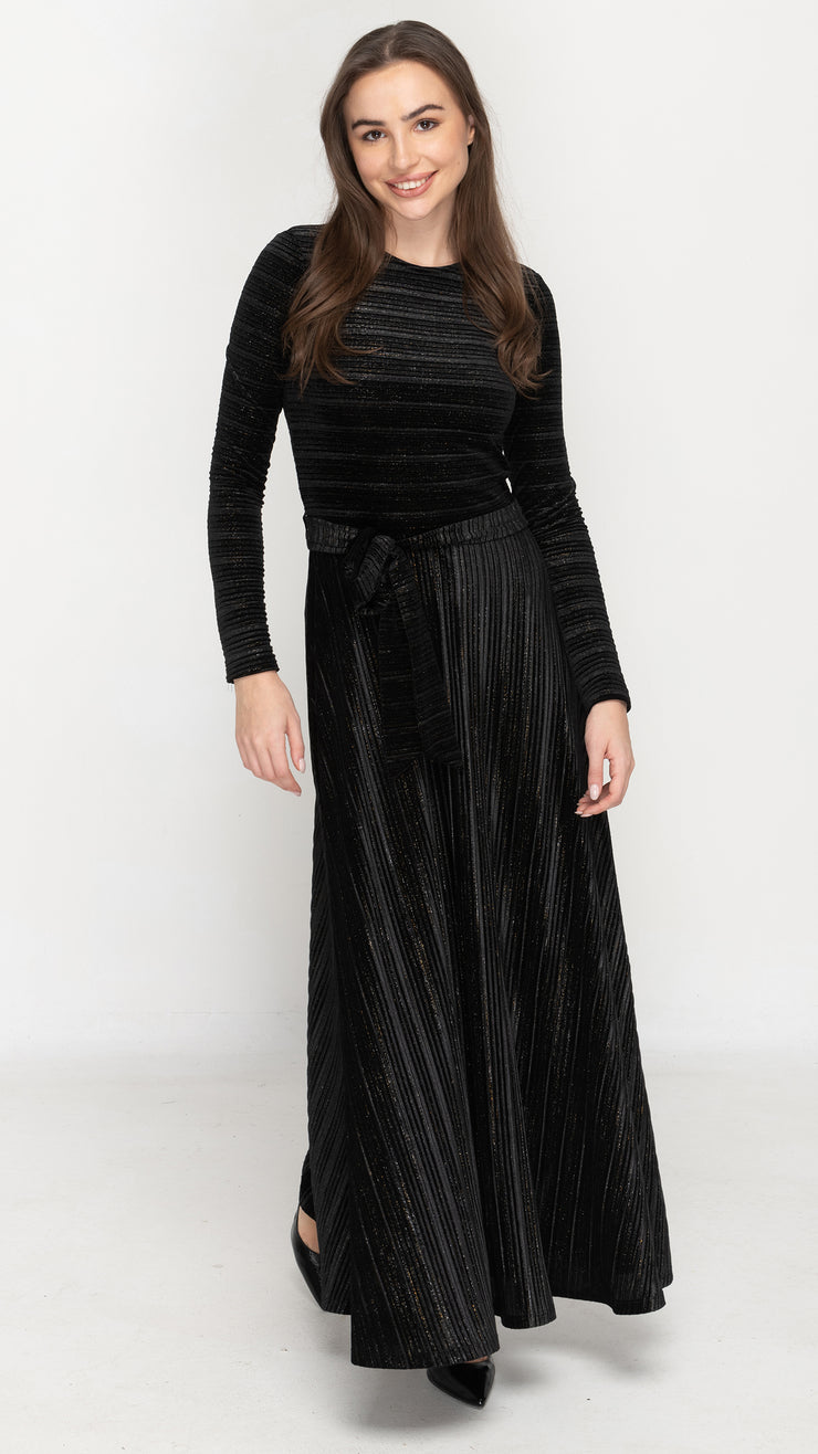 Maxi Belted Dress -  Black Velvet Stripes