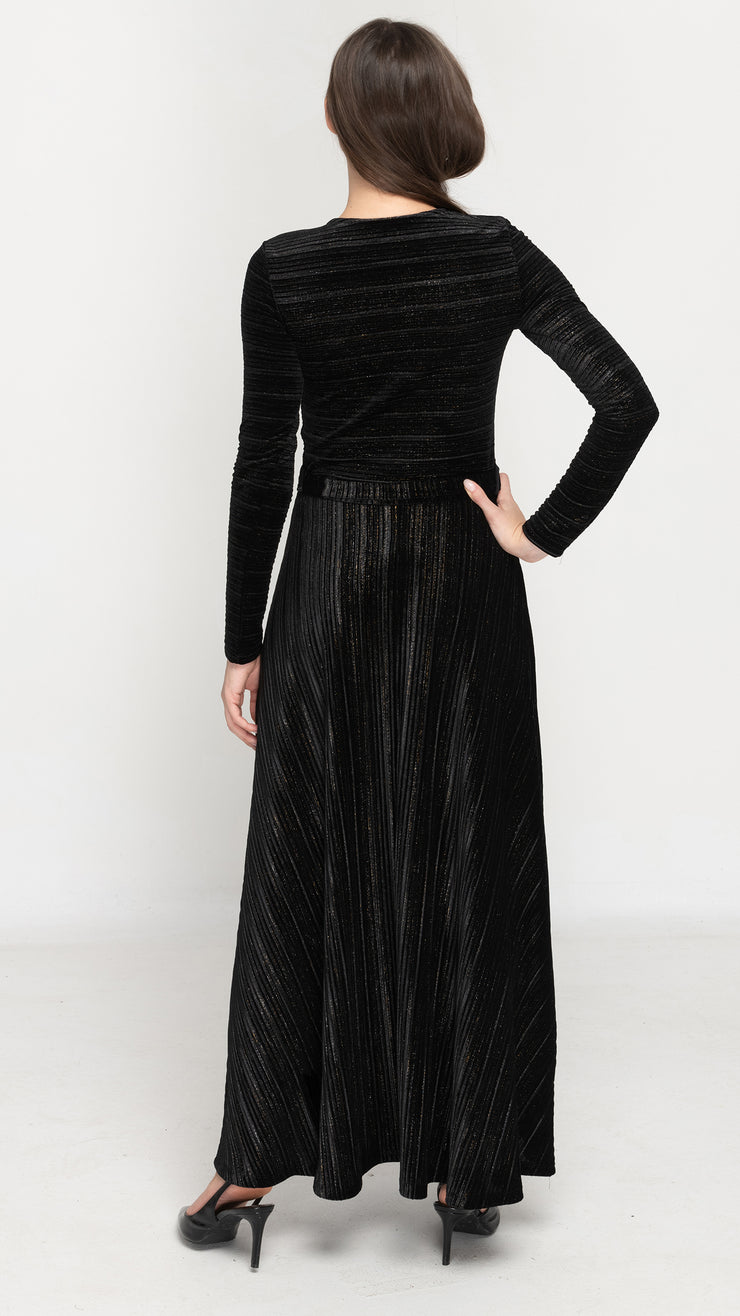 Maxi Belted Dress -  Black Velvet Stripes