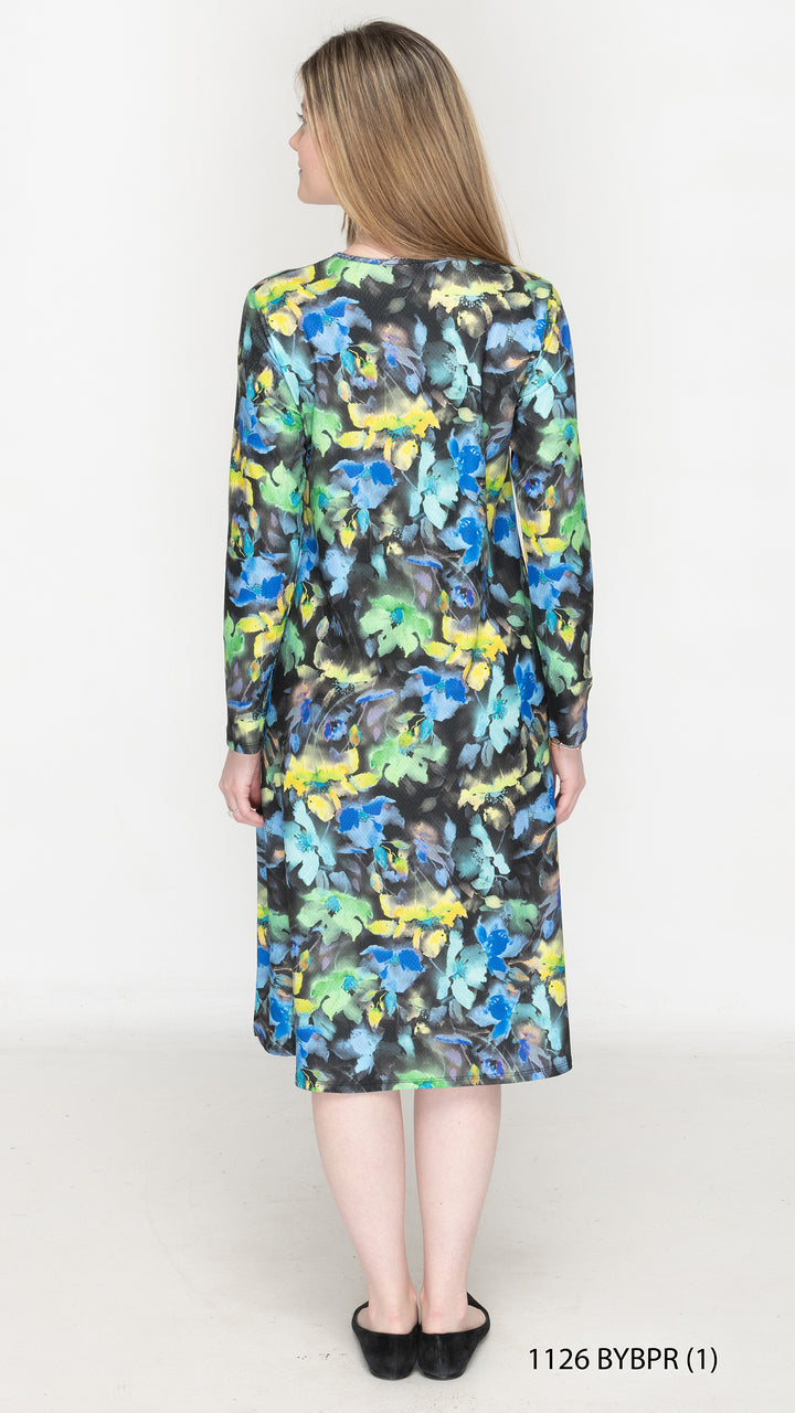 Belted A-Line Yellow Blue Abstract Floral