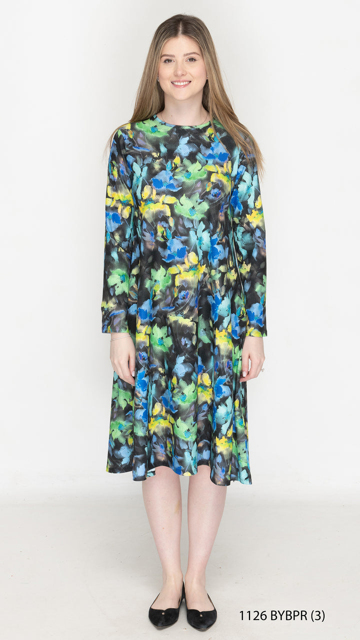 Belted A-Line Yellow Blue Abstract Floral