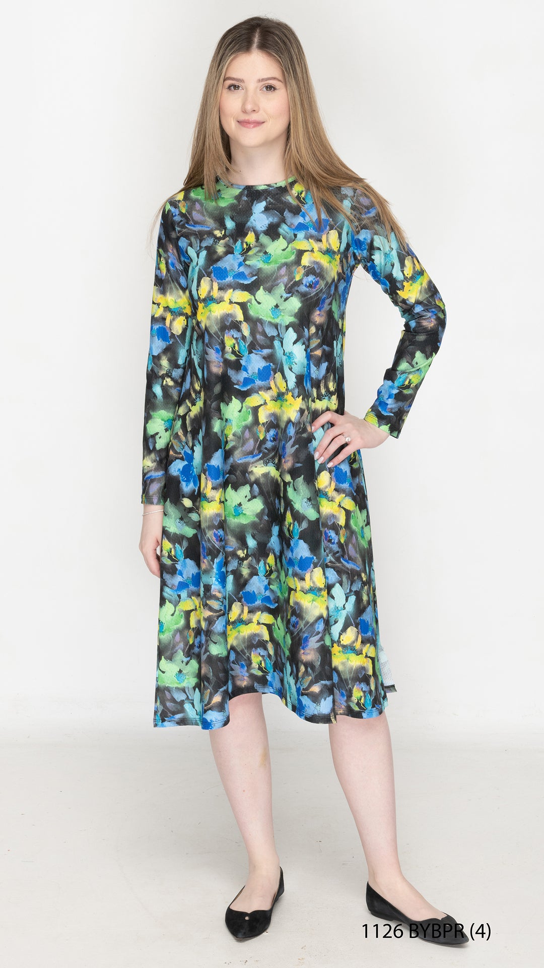 Belted A-Line Yellow Blue Abstract Floral