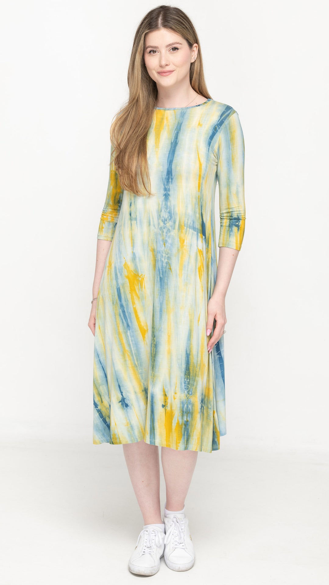 A-Line Jersey Dress Yellow Blue Tie Dye KMW A-Line Jersey Dress Yellow Blue Tie Dye KMW