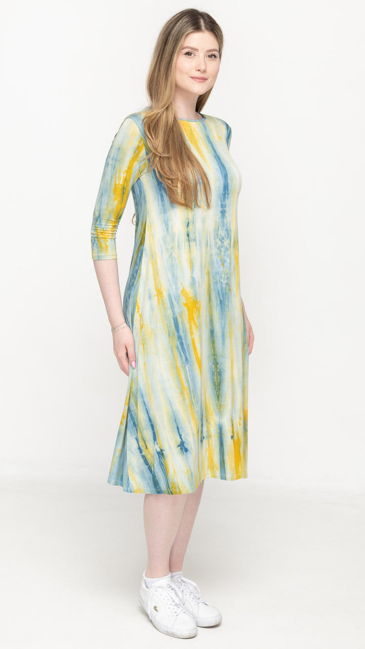 A-Line Jersey Dress Yellow Blue  Tie Dye