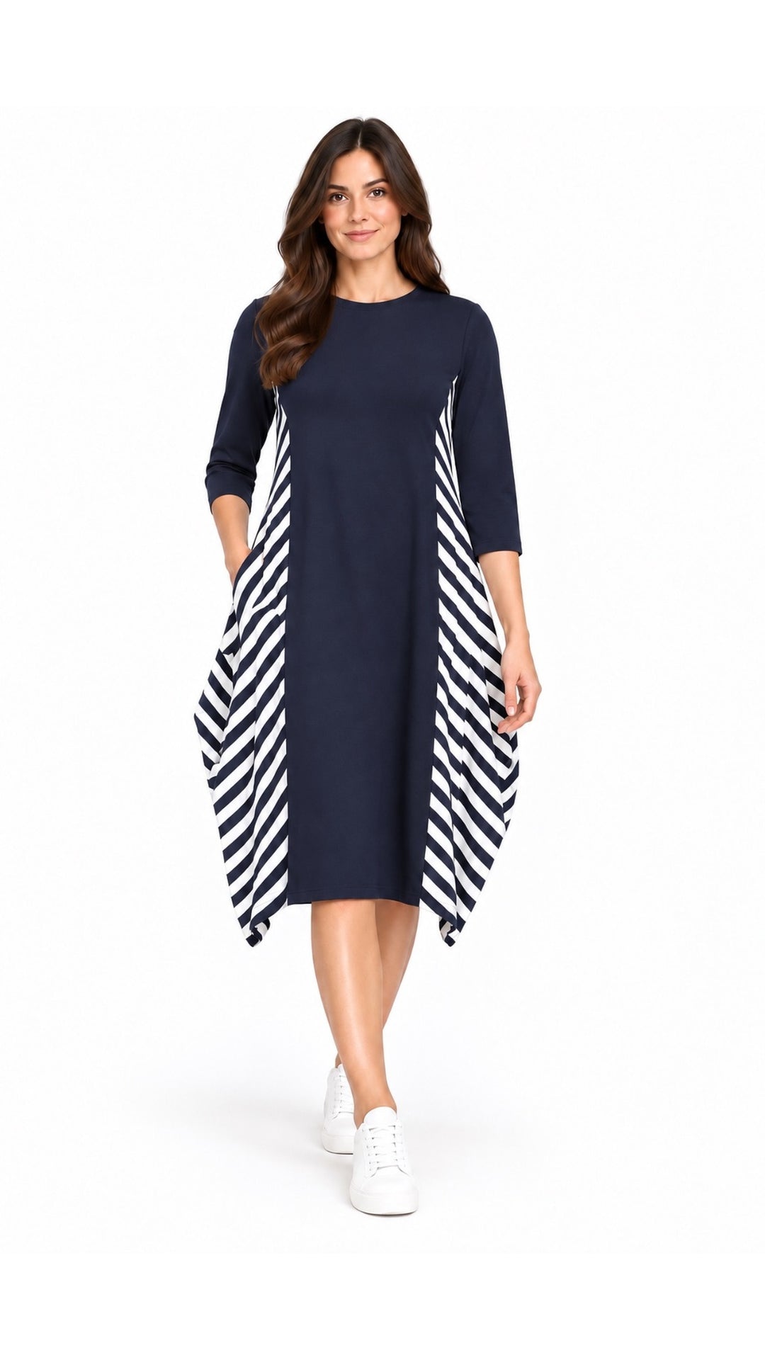 KMW Boho Dress Navy Stripes, front hero view