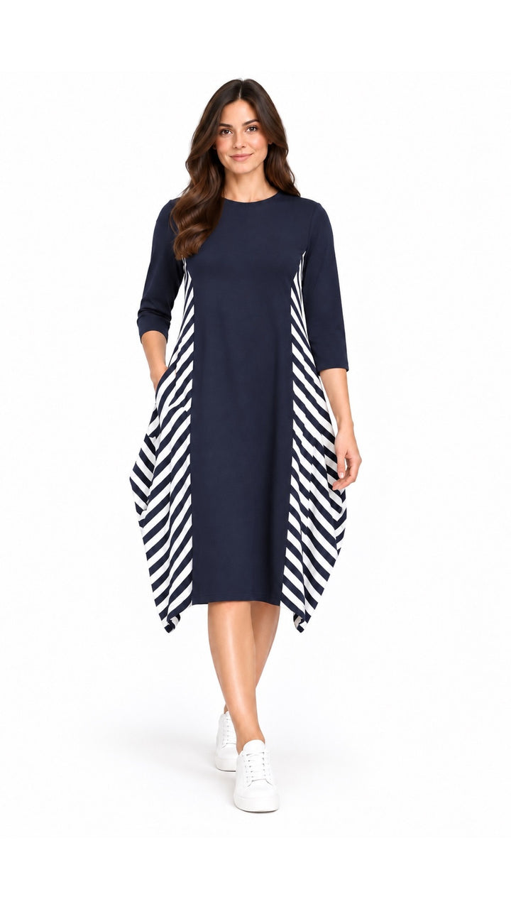 KMW Boho Dress Navy Stripes, front hero view