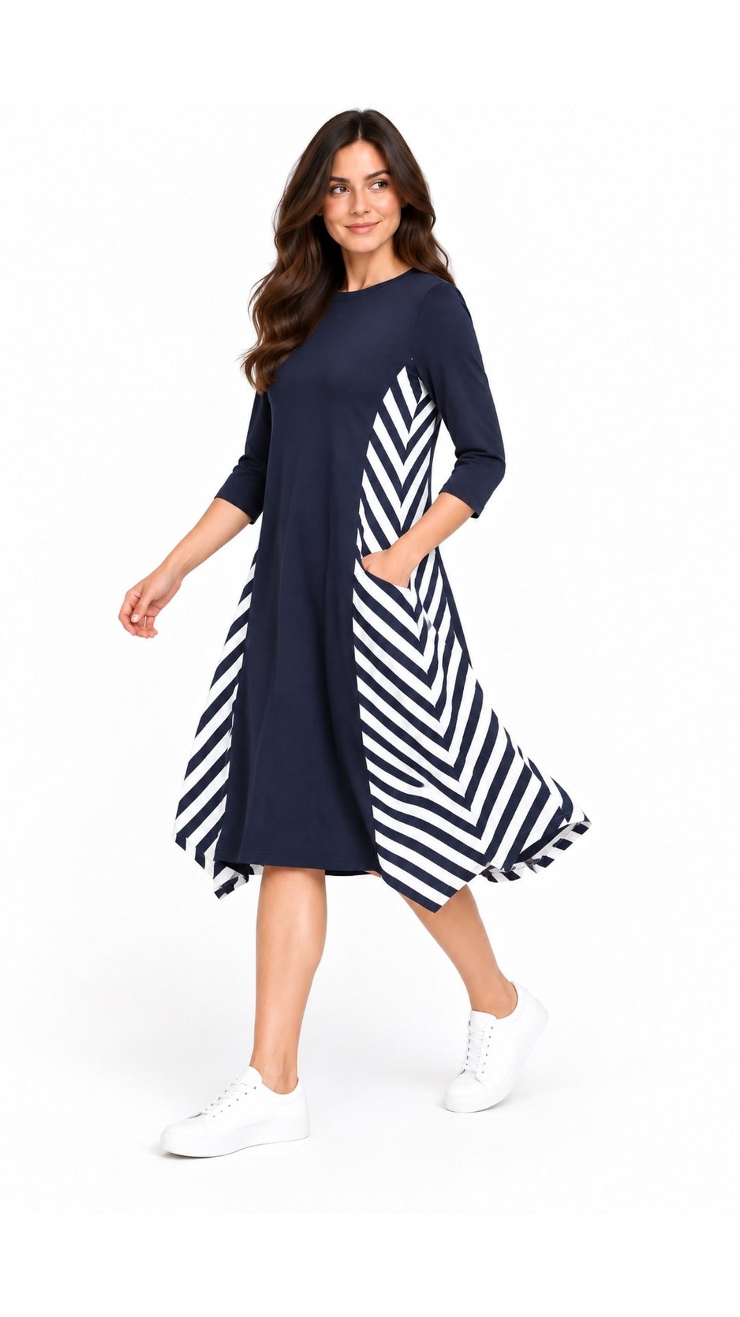 KMW Boho Dress Navy Stripes, movement view