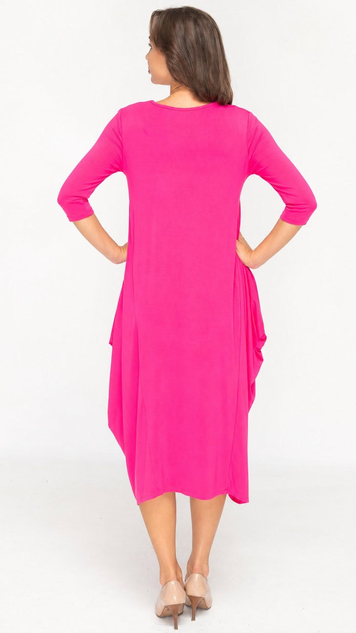 Style 1153 Fuchsia Boho Dress, back view, 3/4 sleeves