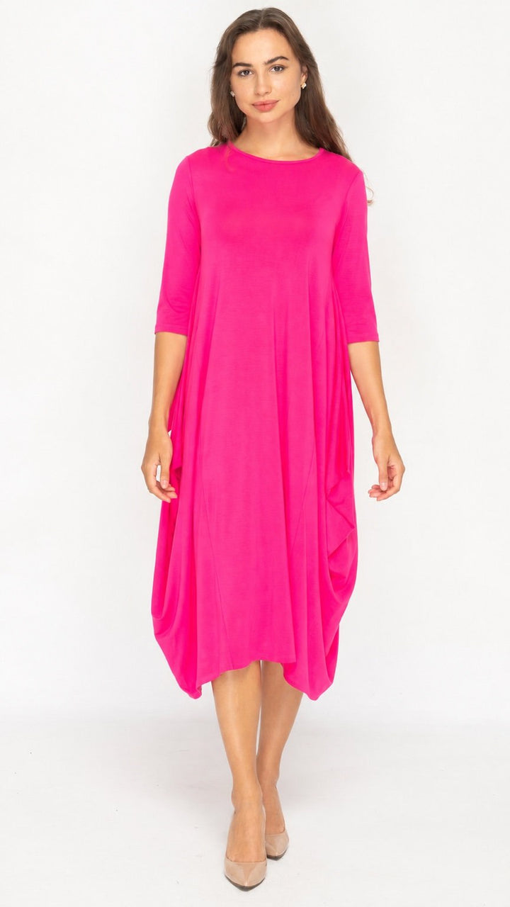 Style 1153 Fuchsia Boho Dress, front view, 3/4 sleeves