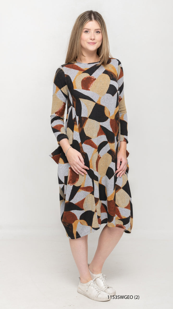 Boho Sweater Knit Dress - Taupe Geo
