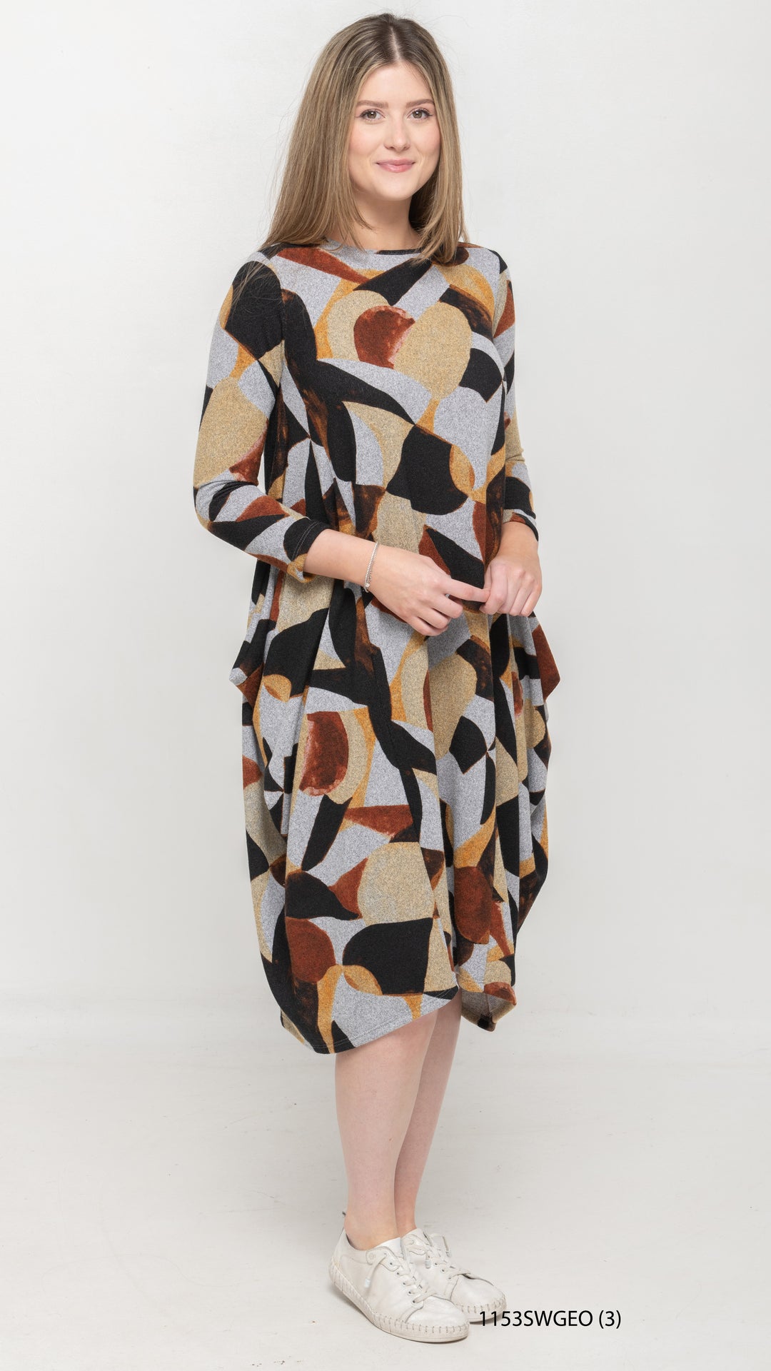 Boho Sweater Knit Dress - Taupe Geo