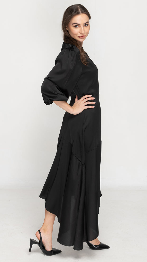 Satin Asymmetrical Dress - Black