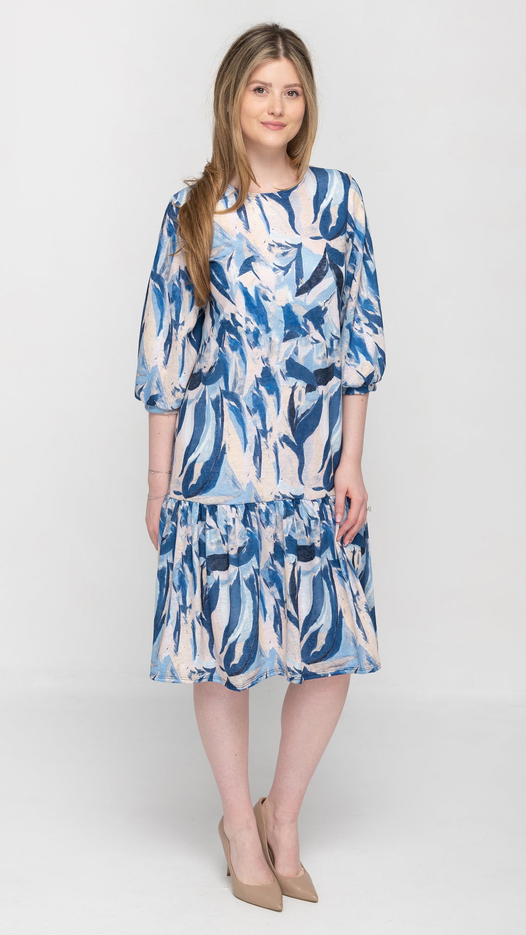 Tier Hem Dress Blue Leaf Print
