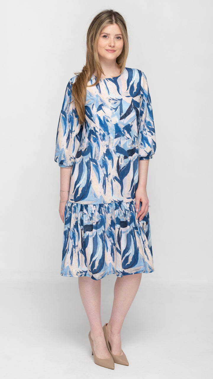 Tier Hem Dress Blue Leaf Print