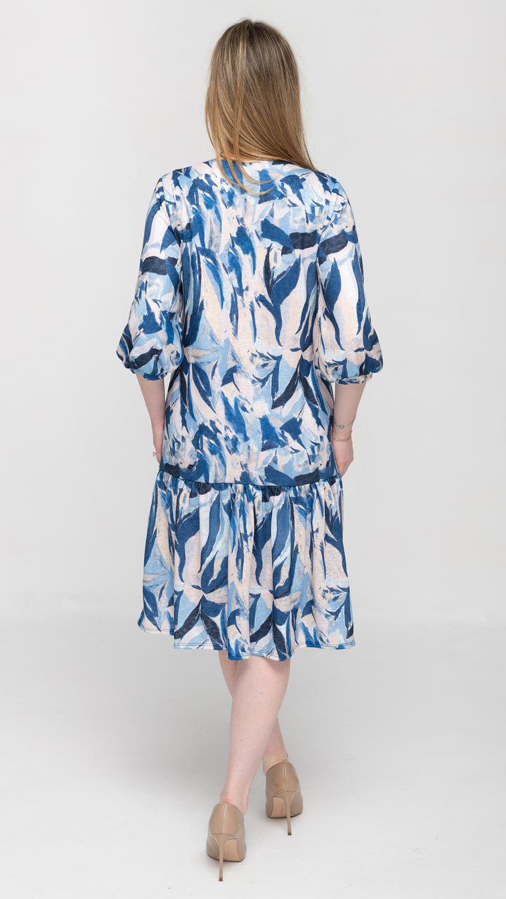 Tier Hem Dress Blue Leaf Print