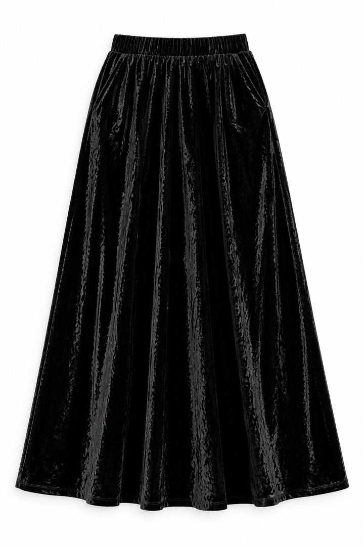 KMW Style 1602 Black Velour Circle Skirt Maxi - Flatlay