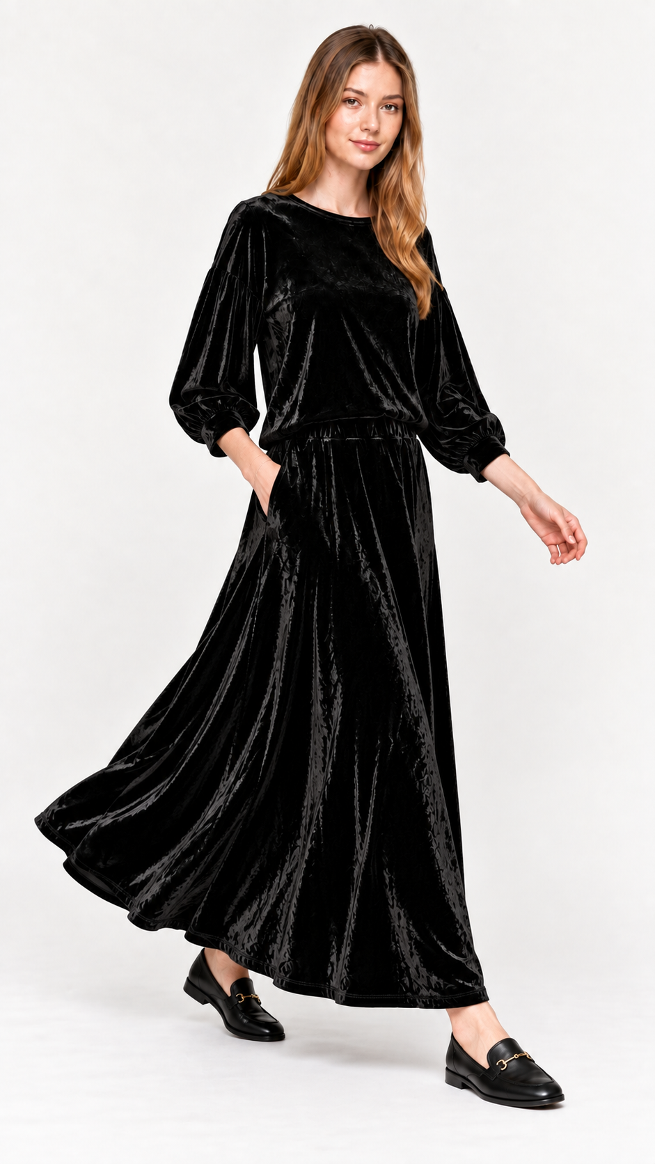 KMW Style 1602 Black Velour Circle Skirt Maxi - Movement