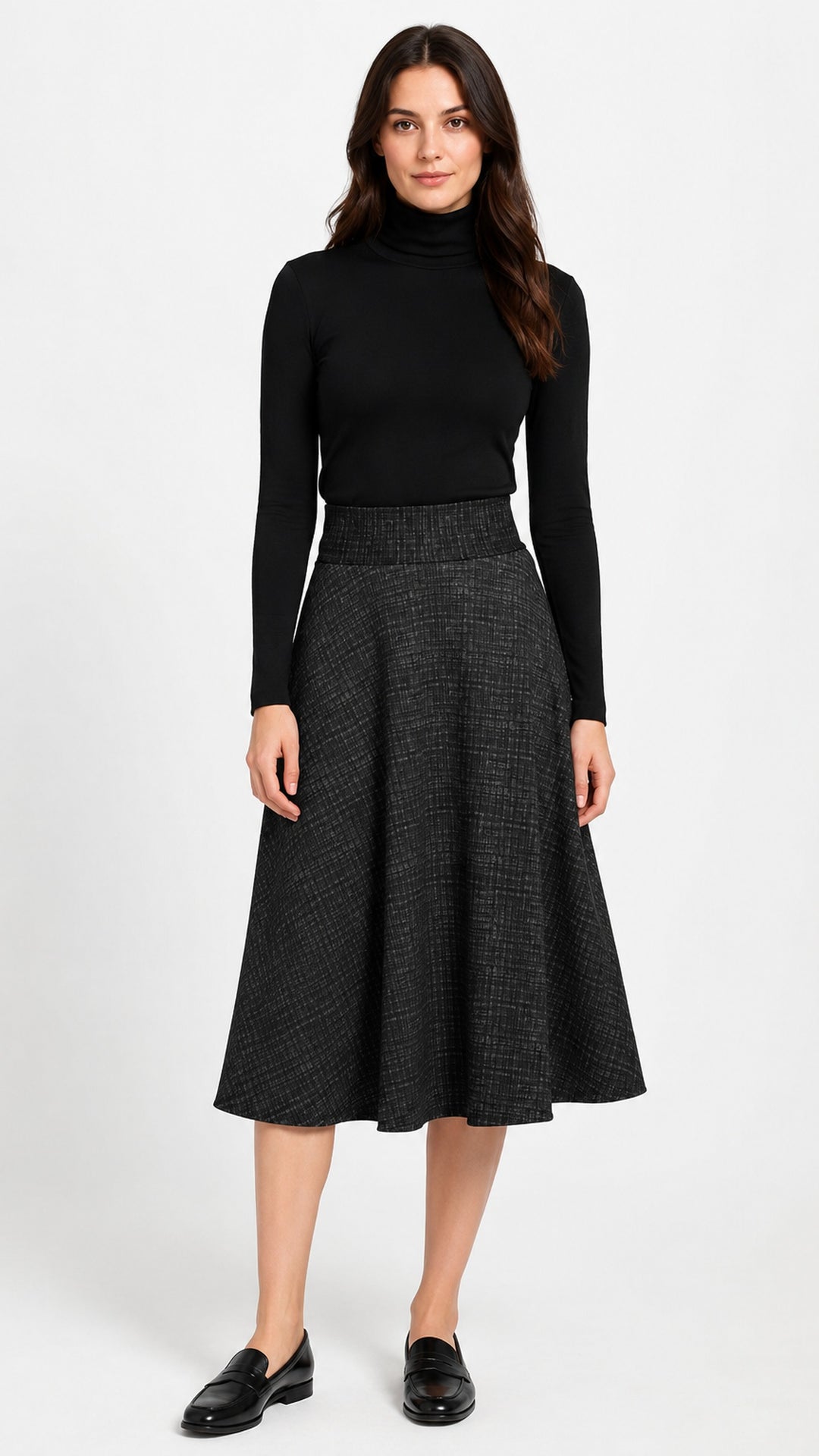 Model wearing the black and grey textured check 27 inch circle skirt