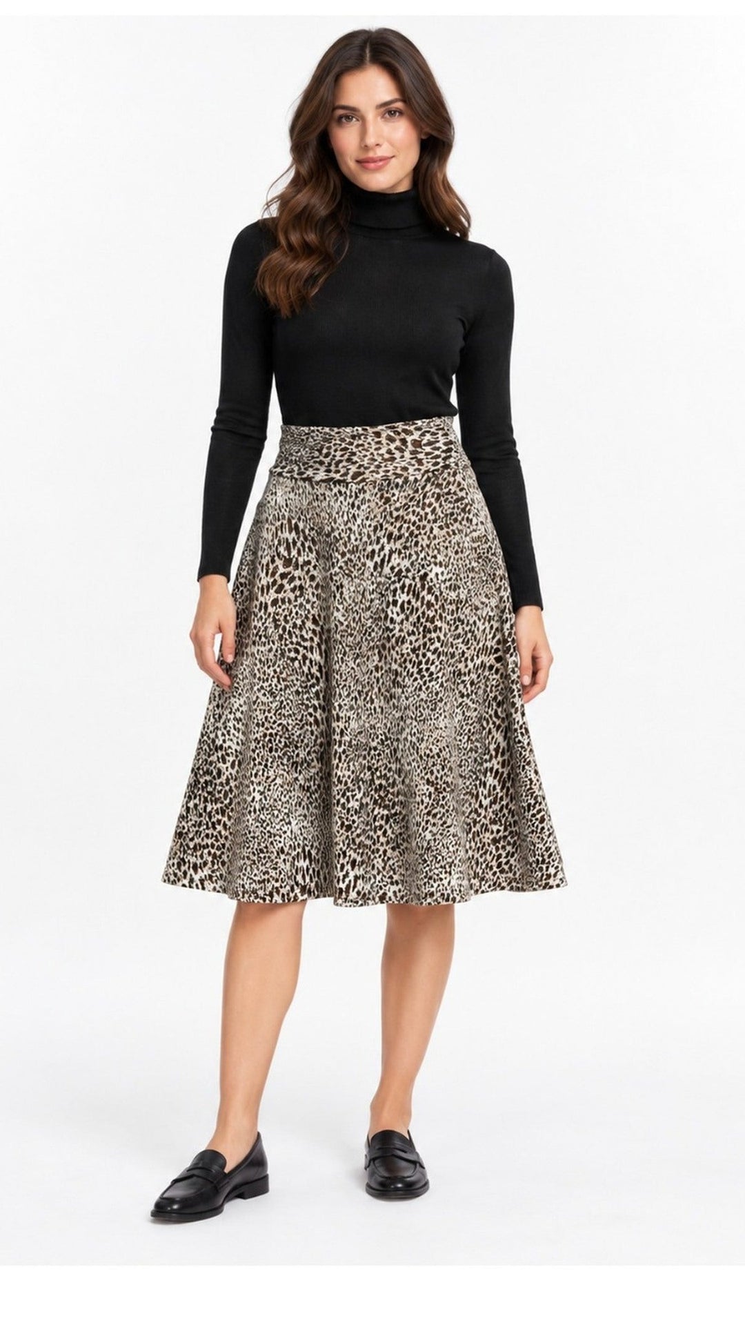 Model wearing the animal print sweater knit circle skirt