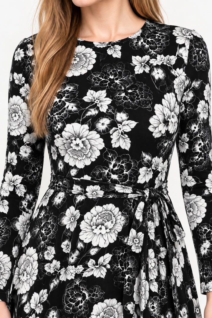 KMW Style 1724 Black White Floral Maxi Belted Dress - Close-up