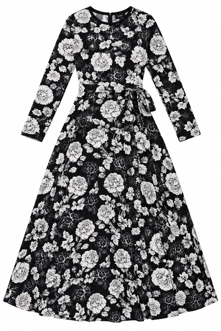 KMW Style 1724 Black White Floral Maxi Belted Dress - Flatlay