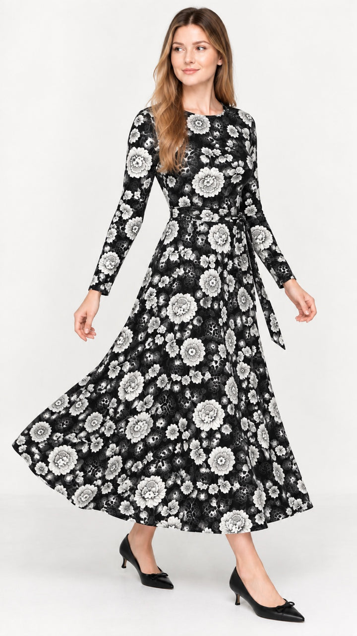 KMW Style 1724 Black White Floral Maxi Belted Dress - Movement