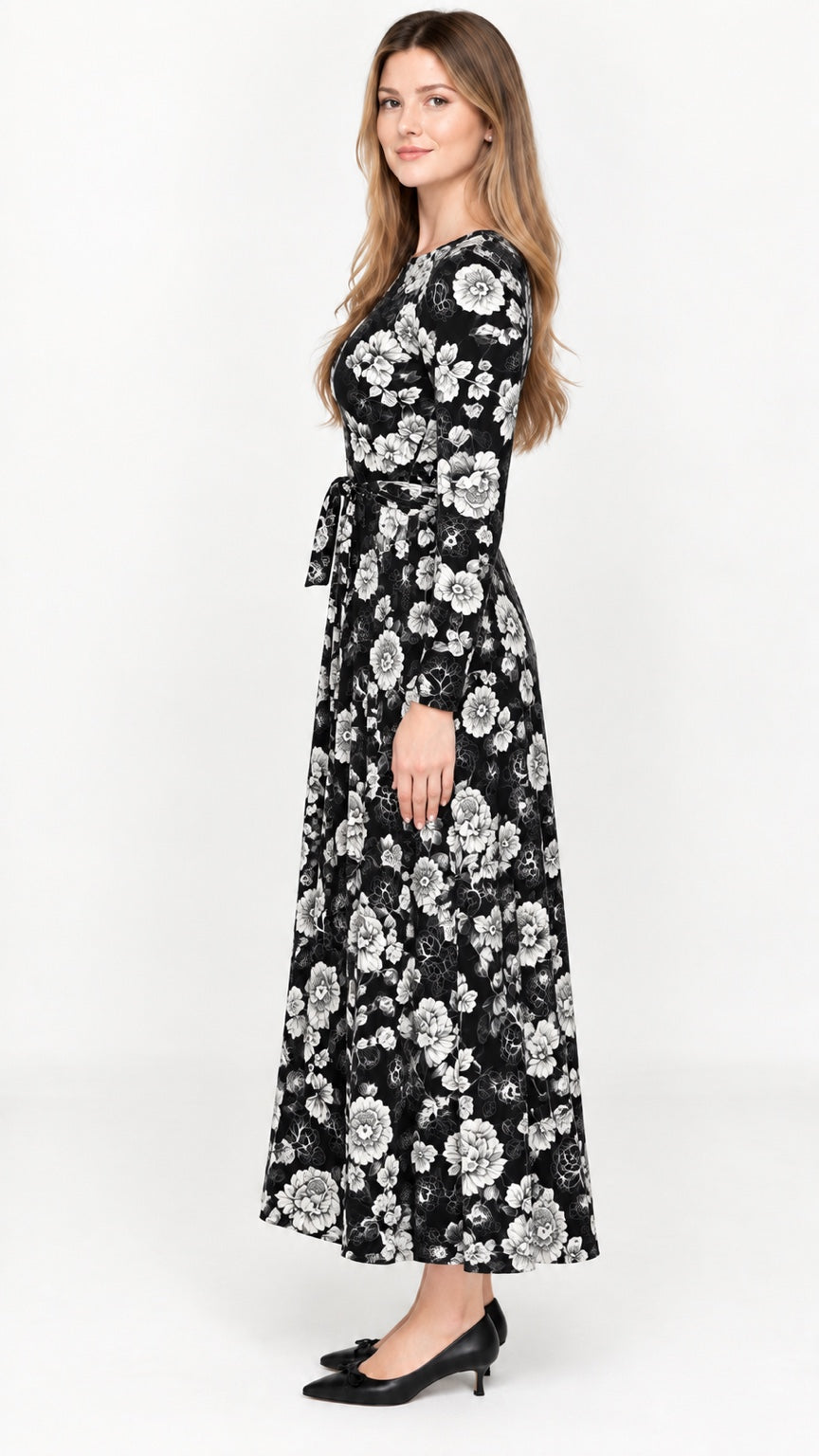 KMW Style 1724 Black White Floral Maxi Belted Dress - Side