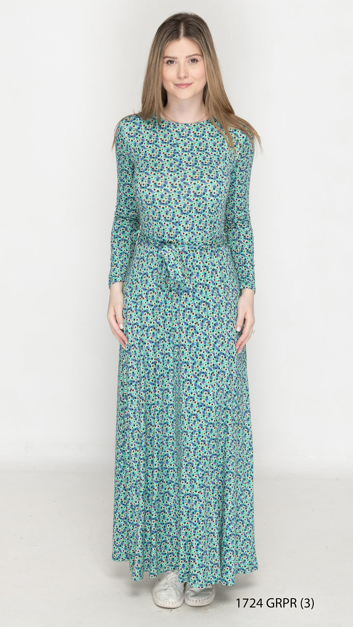 Maxi Belted Dress Teal Floral Print