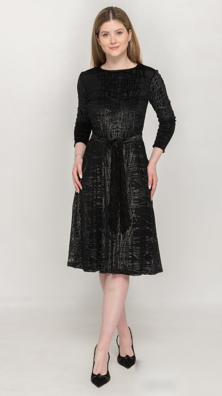 Belted A-Line Dress Black Silver Foil