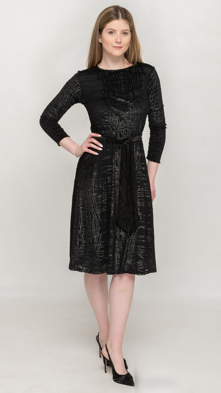 Belted A-Line Dress Black Silver Foil