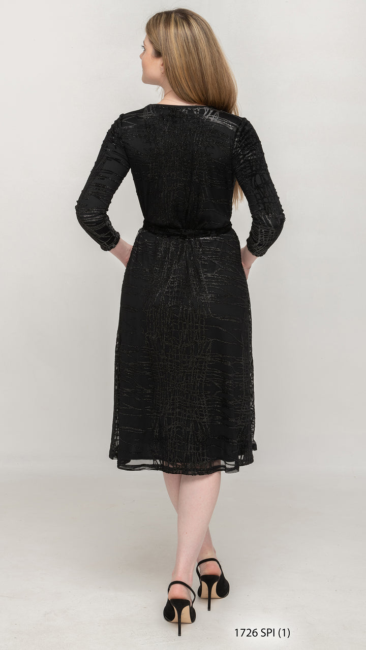 Belted A-Line Dress Black Silver Foil