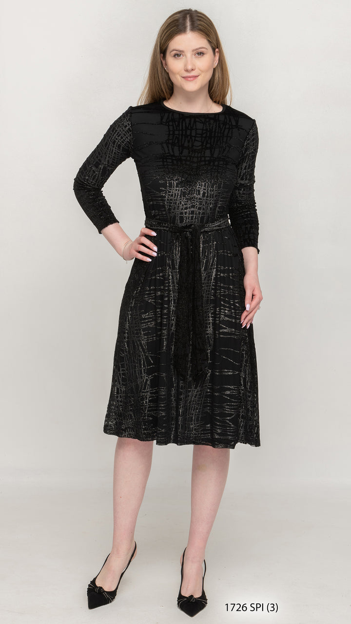 Belted A-Line Dress Black Silver Foil