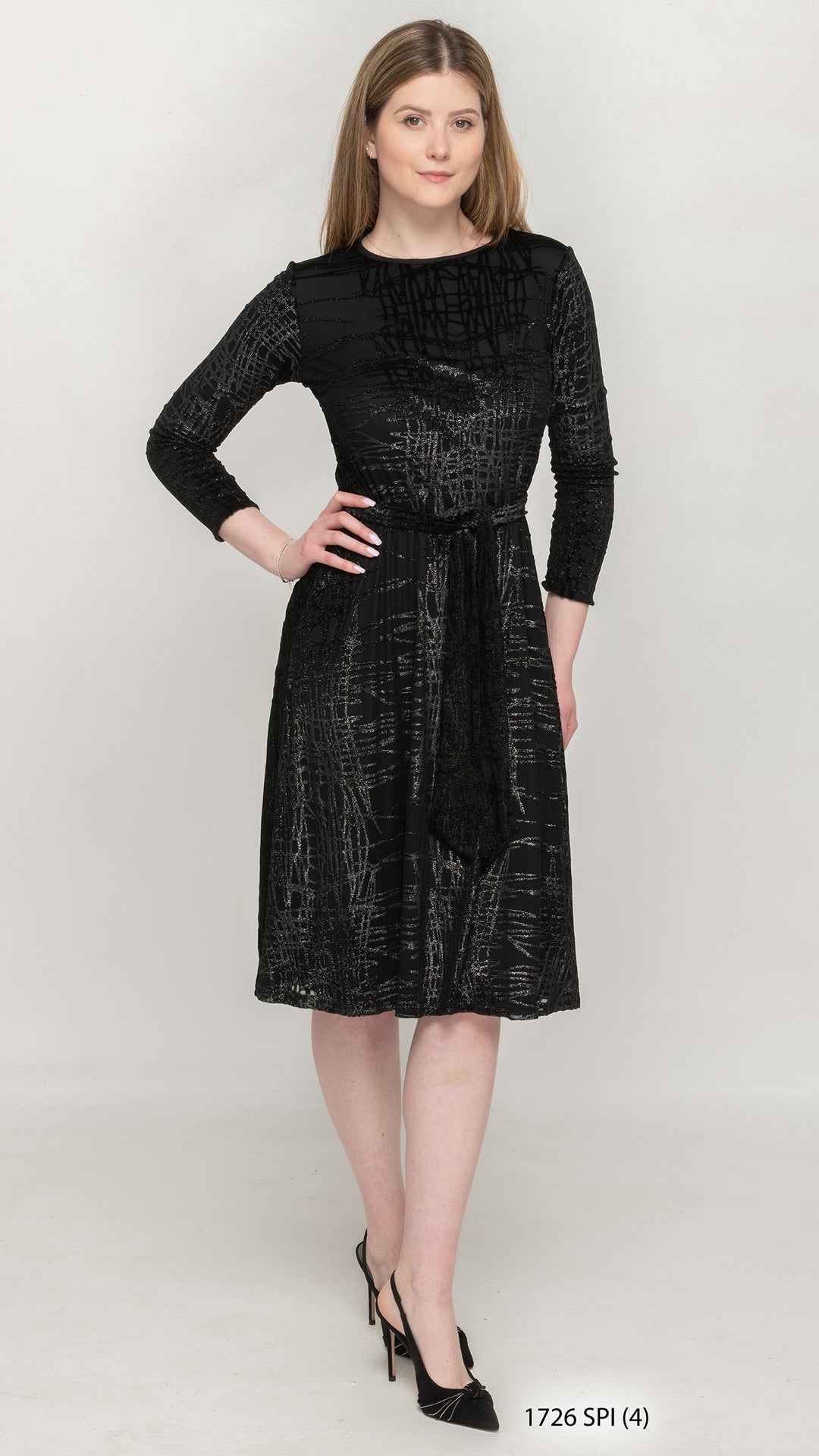 Belted A-Line Dress Black Silver Foil