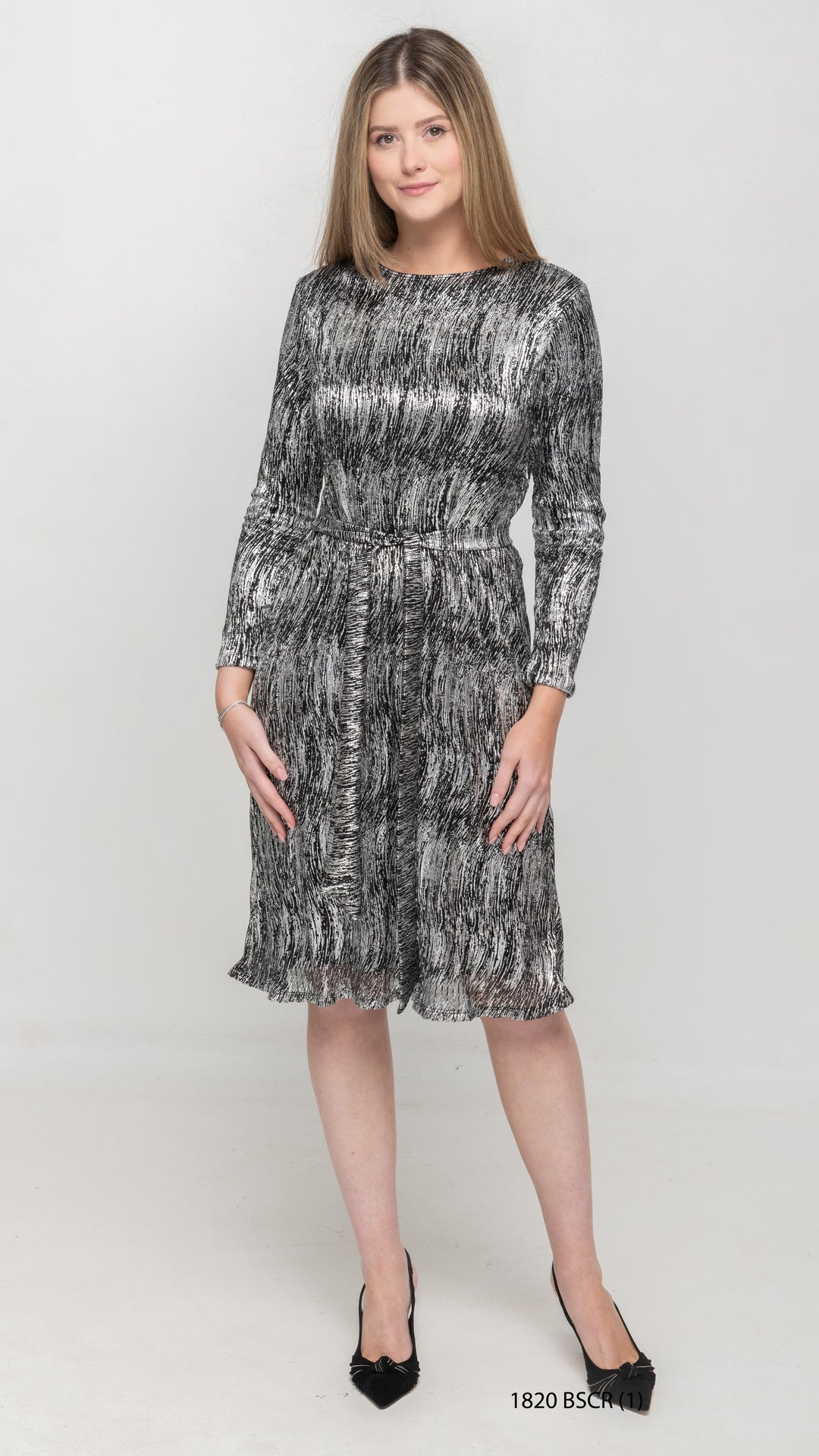 A-Line Long Sleeve Dress - Silver/Black Crinkle