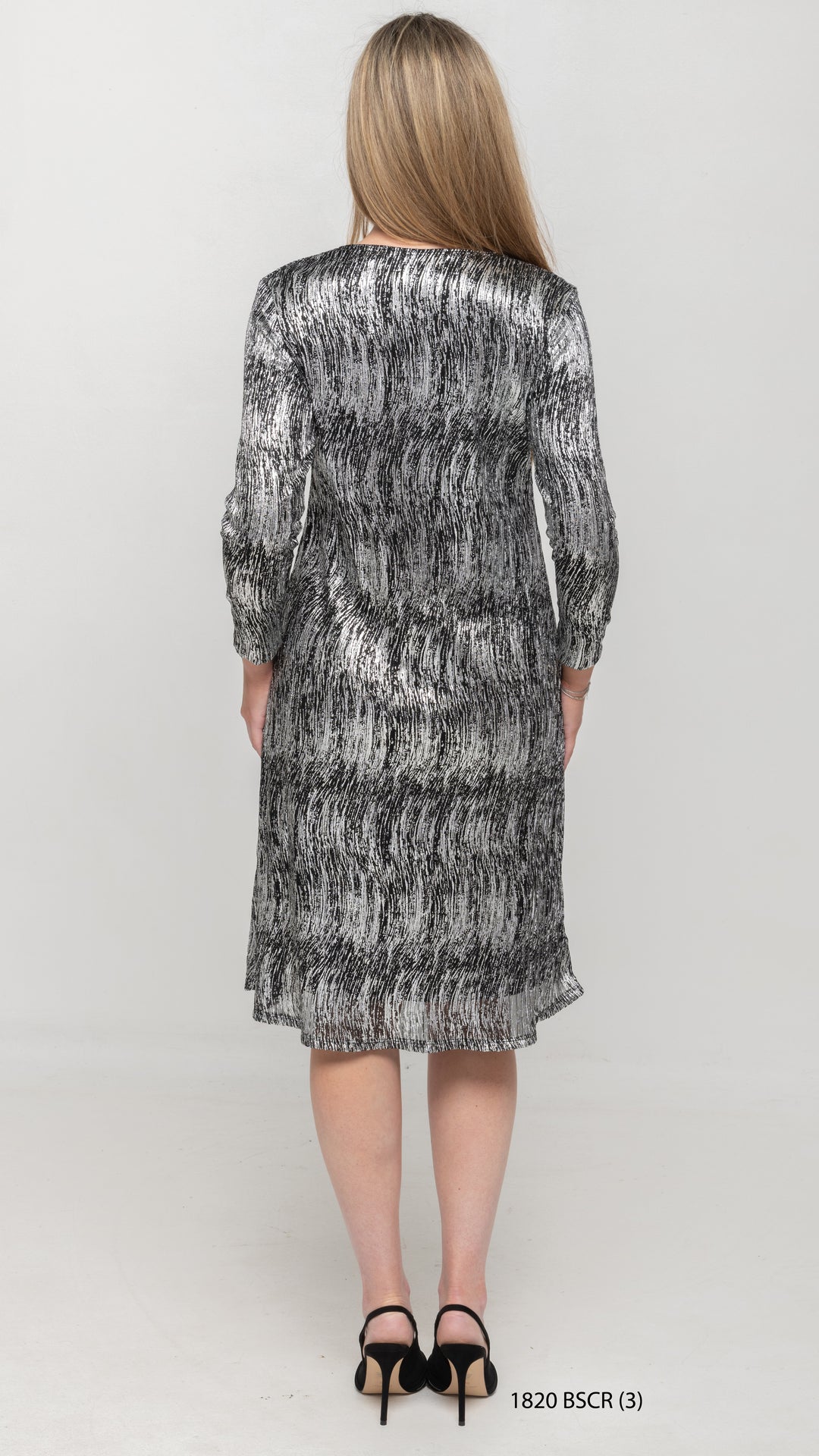 A-Line Long Sleeve Dress - Silver/Black Crinkle
