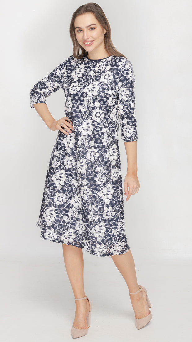 A-Line Dress - Blue Floral Lace