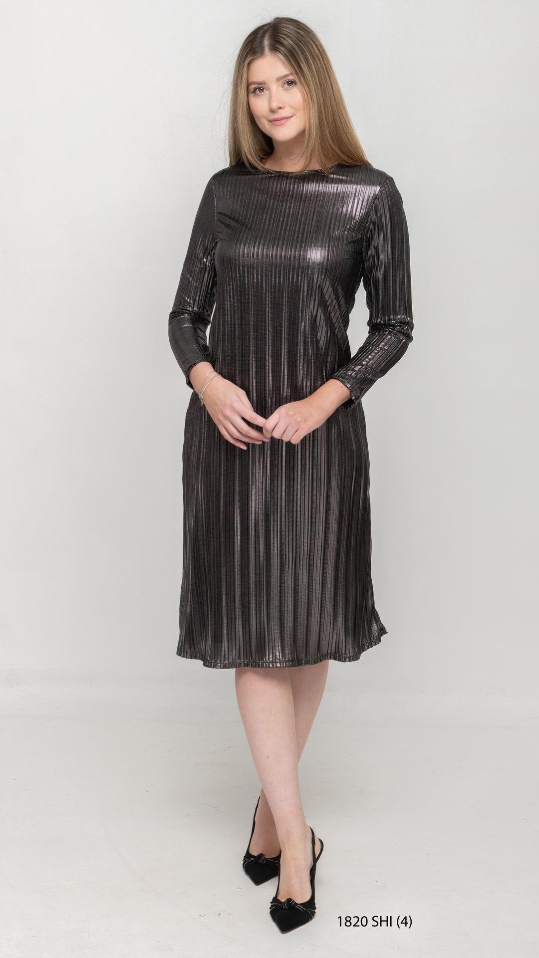 A-Line Long Sleeve Dress - Metallic Pleated