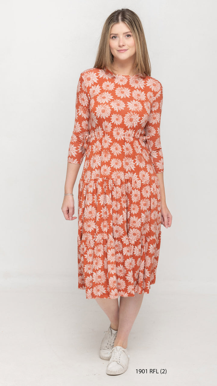 Tiered Drawstring Rust Orange Floral Dress