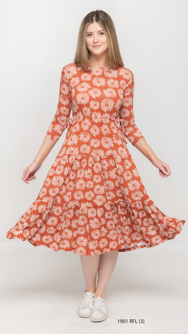 Tiered Drawstring Rust Orange Floral Dress