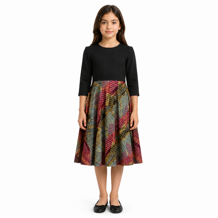 Girls Skater Dress - Black Satin Print