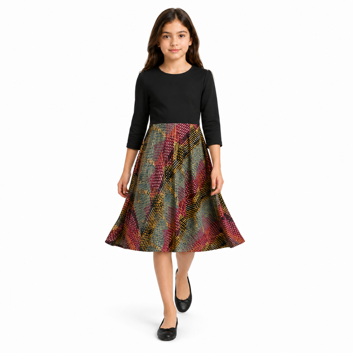 Girls Skater Dress - Black Satin Print