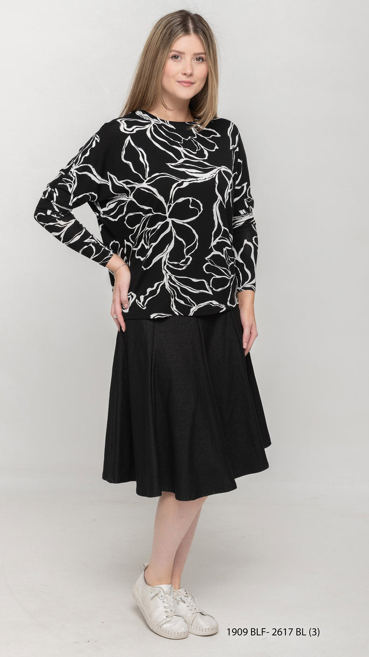Stretch Knit Denim Panel Skirt - Black Denim