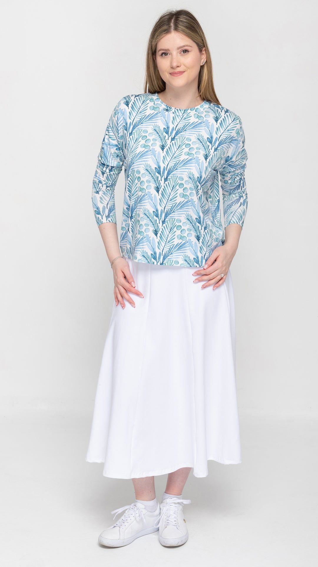 Dolman Jersey Monkey Top Blue Leaves Print