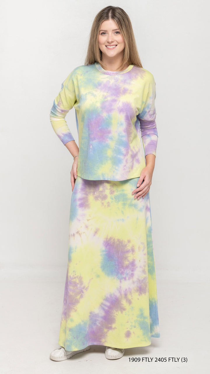 Pastel Yellow Tie Dye Print Maxi Skirt