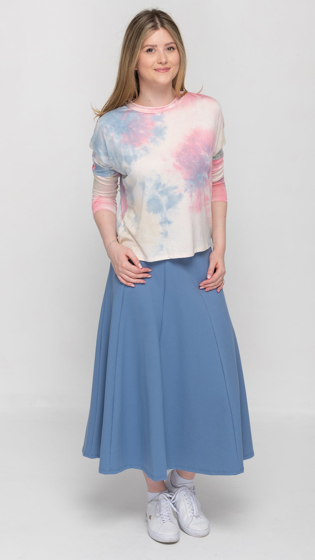 Stretch Knit Denim Panel Skirt - Mid Blue Denim 33"